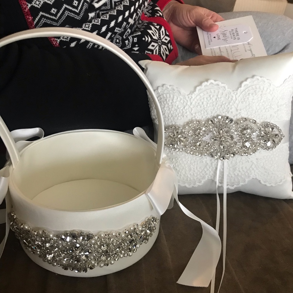 Ivory flower girl basket and ring bearer pillow